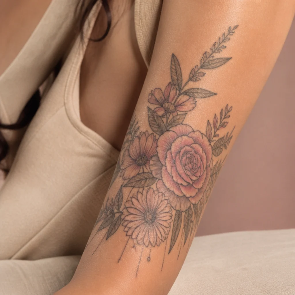 Woman's forearm showing a layered floral cover up tattoo in soft black and blush ink against a warm ivory studio backdrop