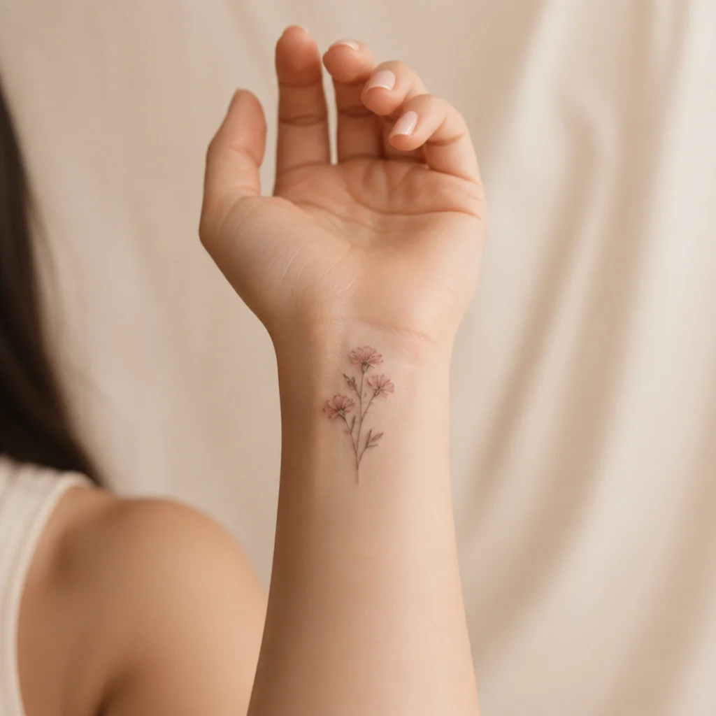 Small delicate floral cover-up tattoo sitting slightly larger than the faded gray design beneath it on a fair-skinned wrist, soft grey-wash shading