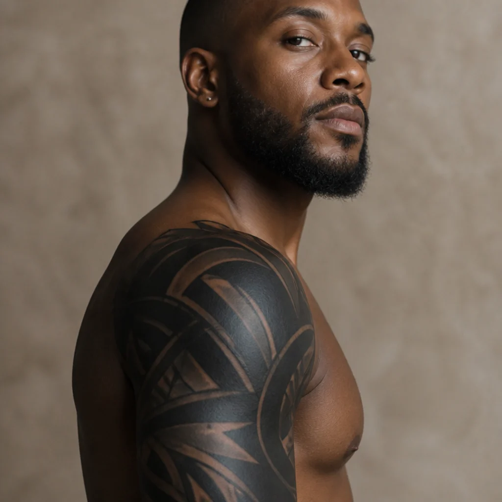Bold black-and-grey shadow cover-up tattoo saturating over old dark tribal lines on a deep-skinned shoulder, high-contrast realism shading