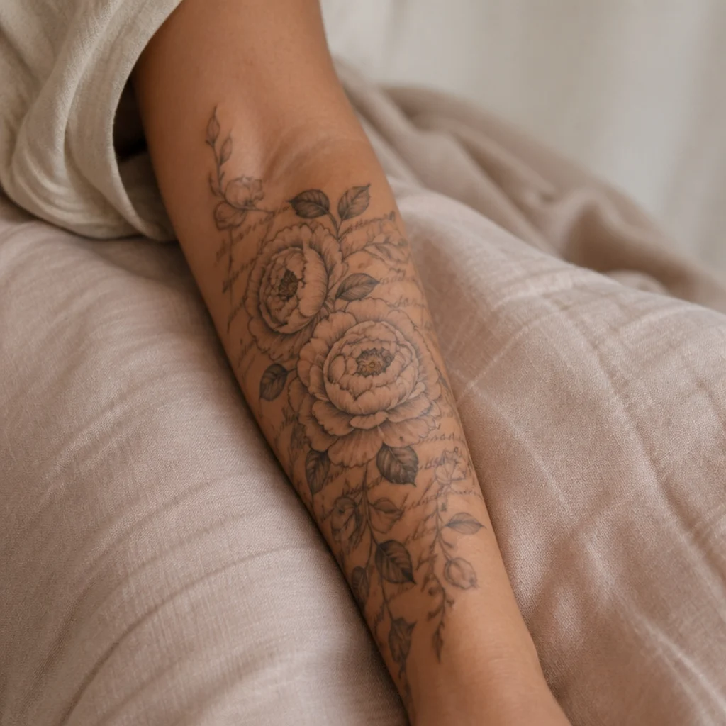 Flowing peony-and-vine cover-up tattoo wrapping around and absorbing old script lettering on a medium-toned forearm, dark leaves masking the letter stems