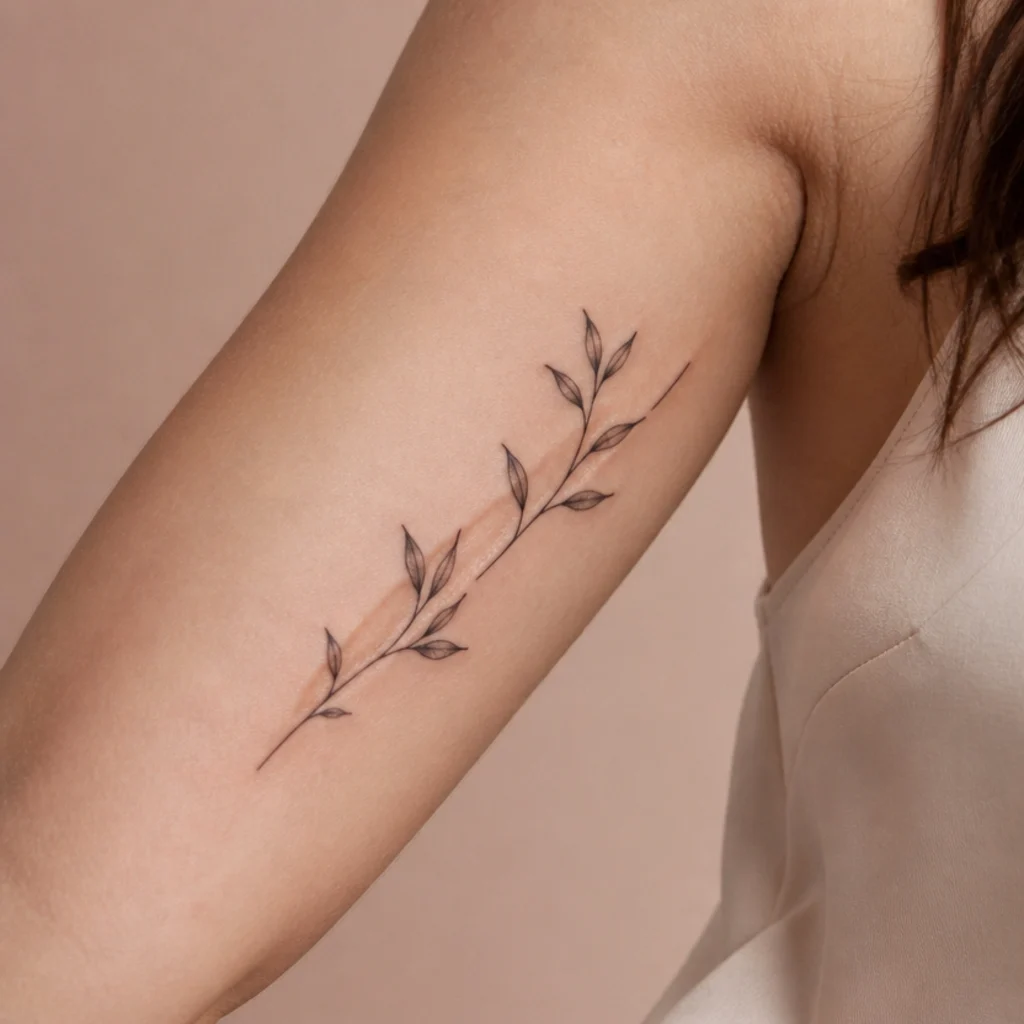 Soft botanical scar cover-up tattoo following the line of a healed scar on a light-toned inner arm, gentle stippled shading tracing the scar's direction