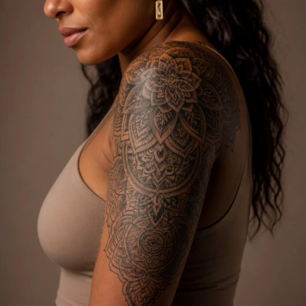 Large ornate cover-up tattoo in progress showing layered dark shading built over an old faded design on a deep-toned upper arm