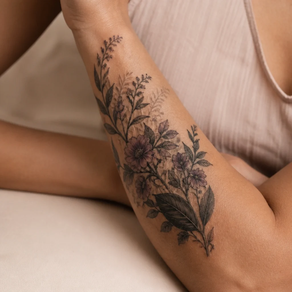 Deep-toned floral cover-up tattoo layered over faded old lettering on a woman's forearm, healed clean linework
