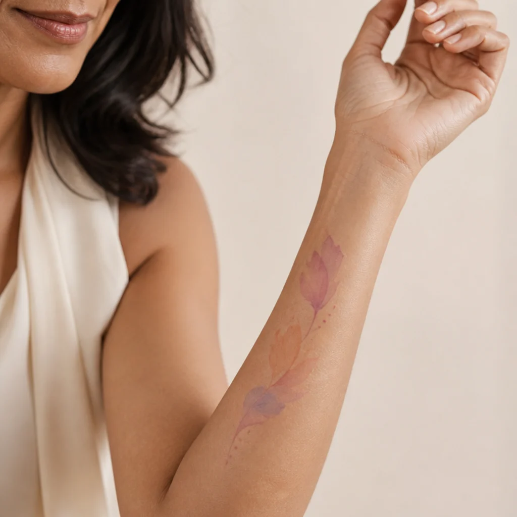 Pale peach and lilac watercolor-style wash tattoo on a woman's inner forearm with no hard outline