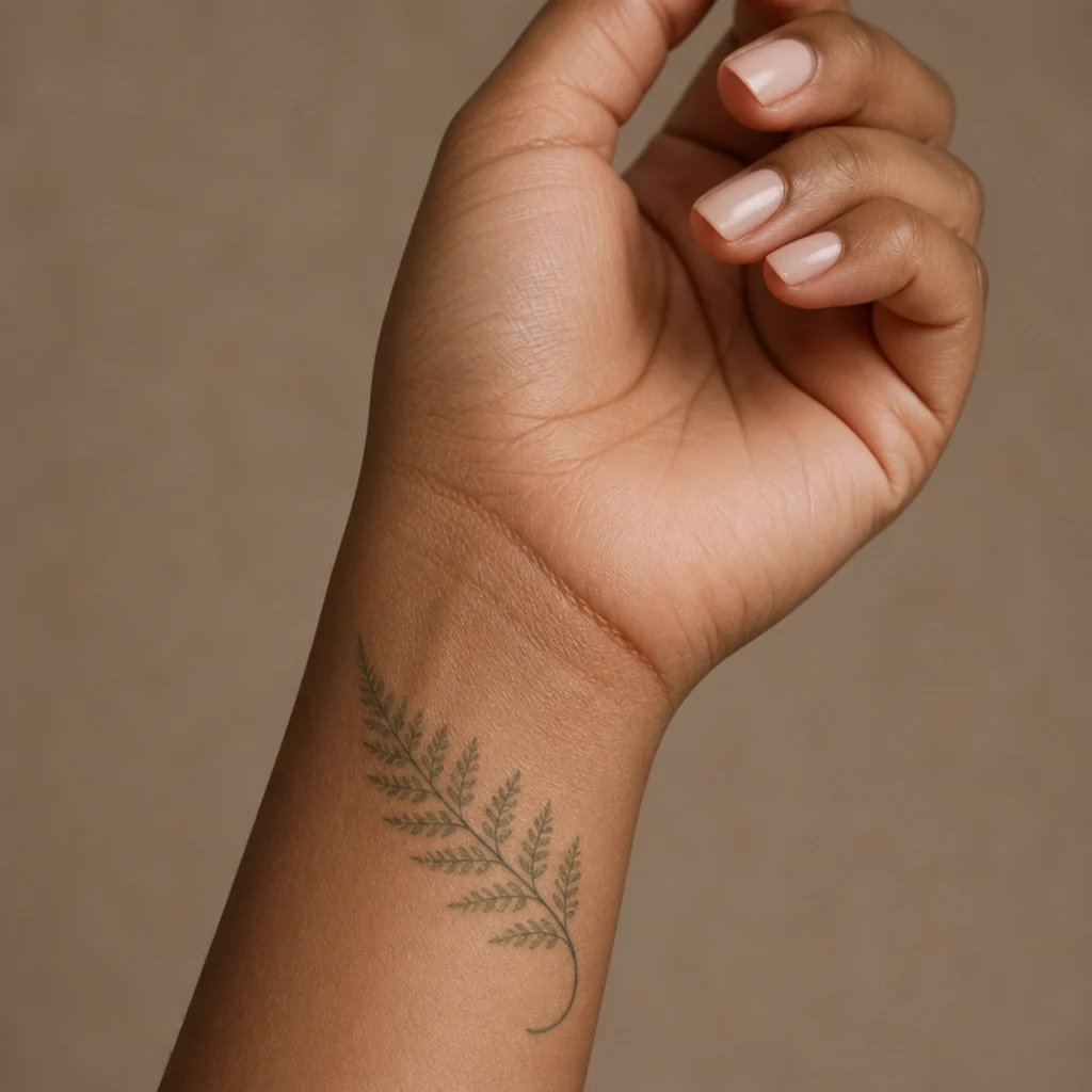 Single fine-line fern frond tattoo curving along a woman's wrist in soft green ink