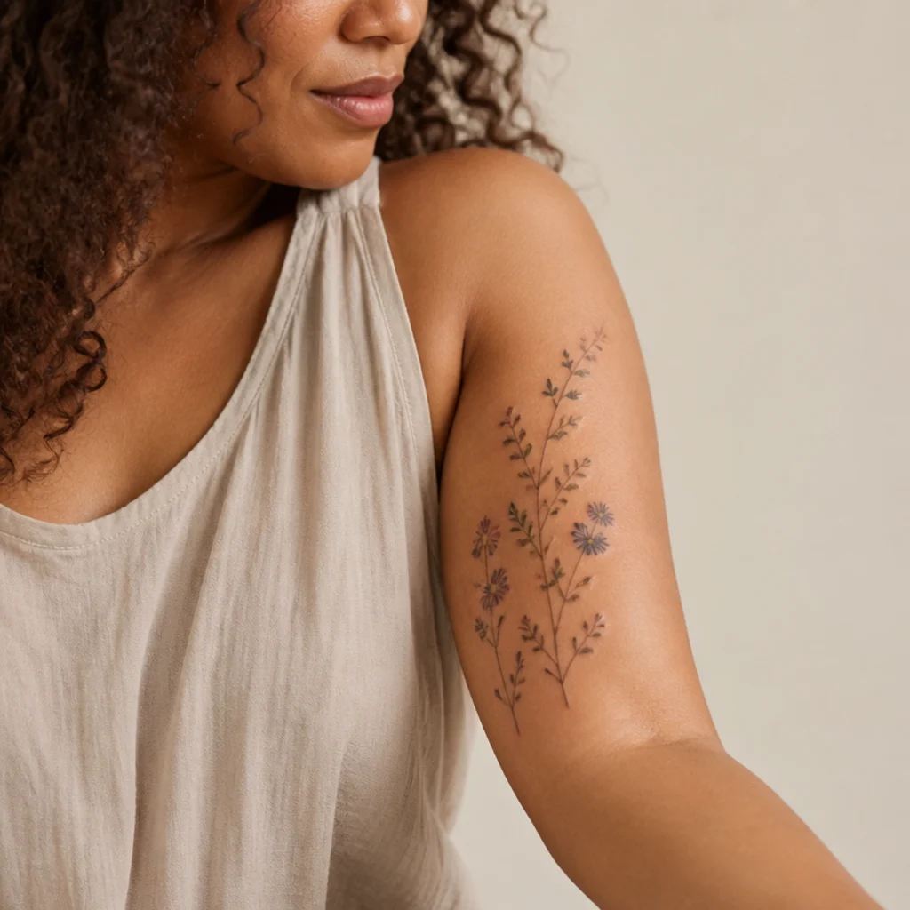 Scattered fine-line wildflowers tattooed up a woman's inner arm in muted mauve and sage