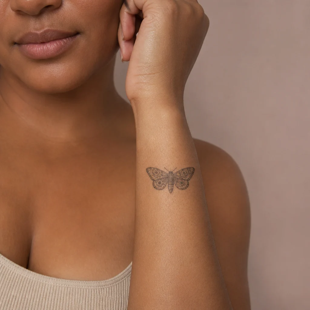 Small grey-shaded moth silhouette tattoo centered on a woman's forearm with symmetrical wings