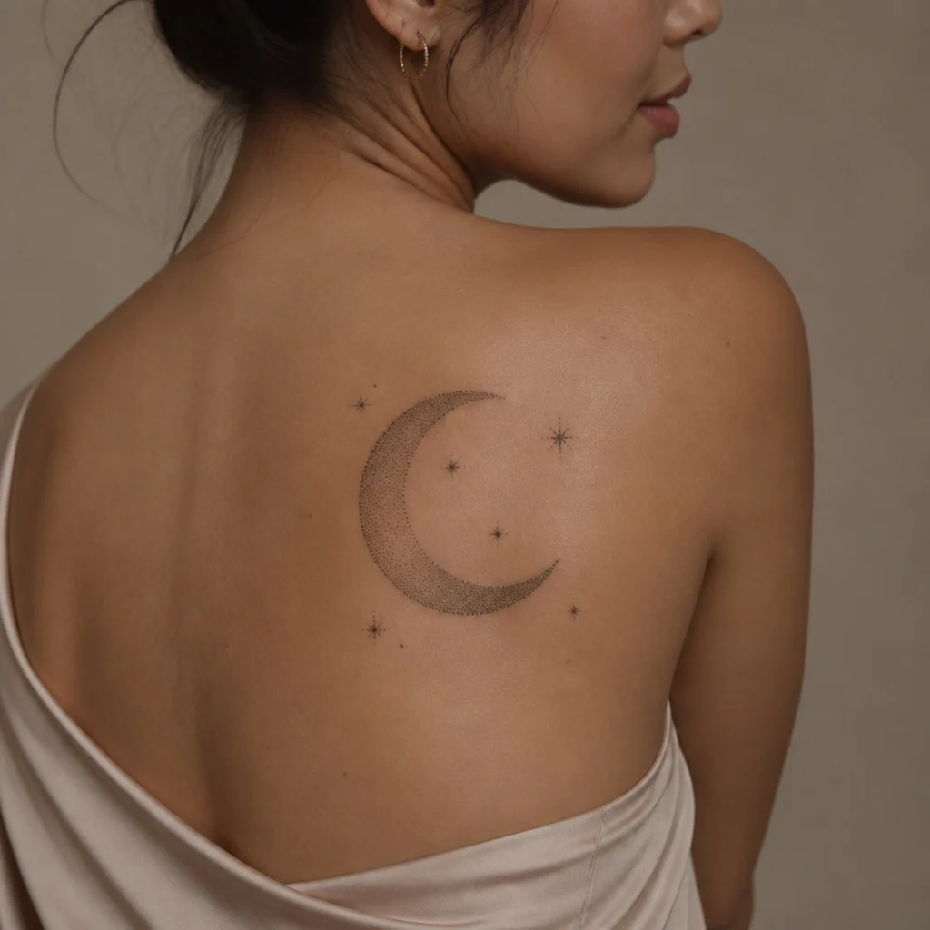 Dotwork crescent moon tattoo with tiny stars on a woman's shoulder blade in black stippling