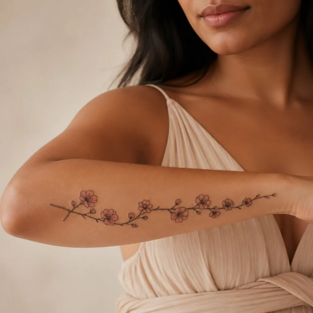 Cursive name reworked into a flowering branch tattoo on a woman's inner forearm in black and blush