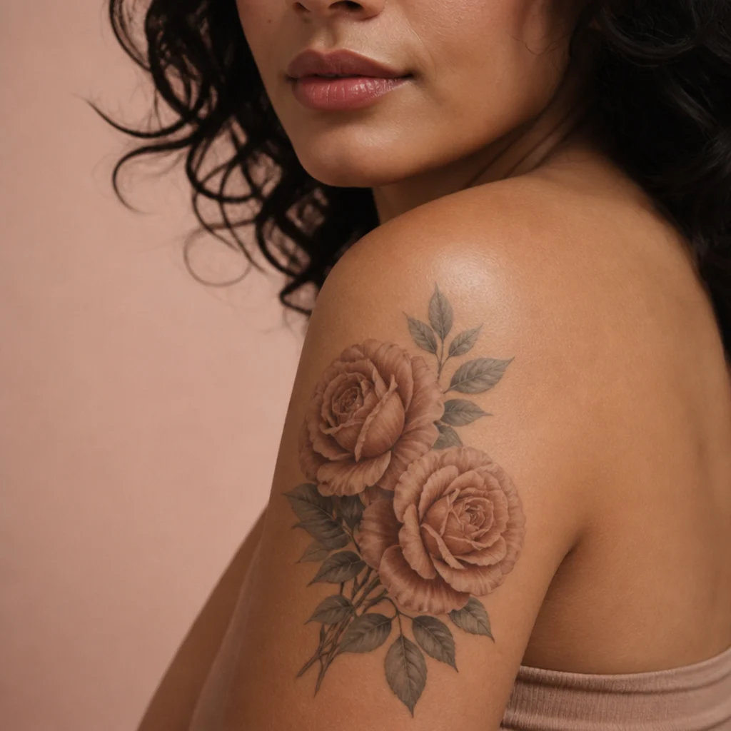 Cluster of muted dusty-rose roses tattooed on a woman's shoulder with soft grey leaves