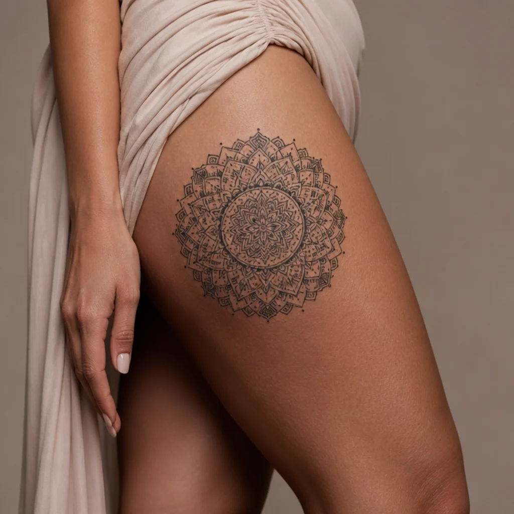 Symmetrical geometric mandala tattoo on a woman's outer thigh in fine black linework