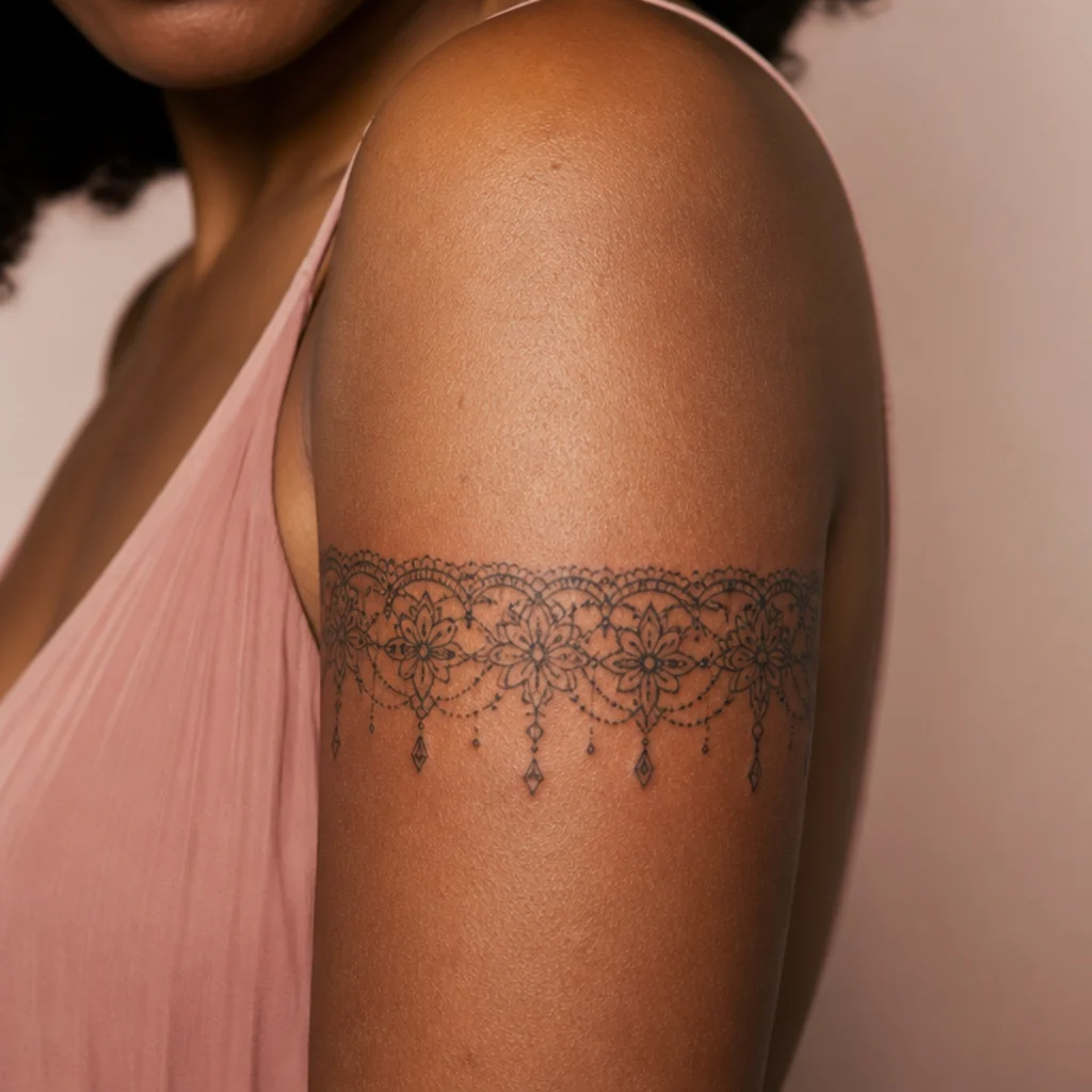 Delicate lace-pattern band tattoo wrapping a woman's upper arm in intricate black filigree