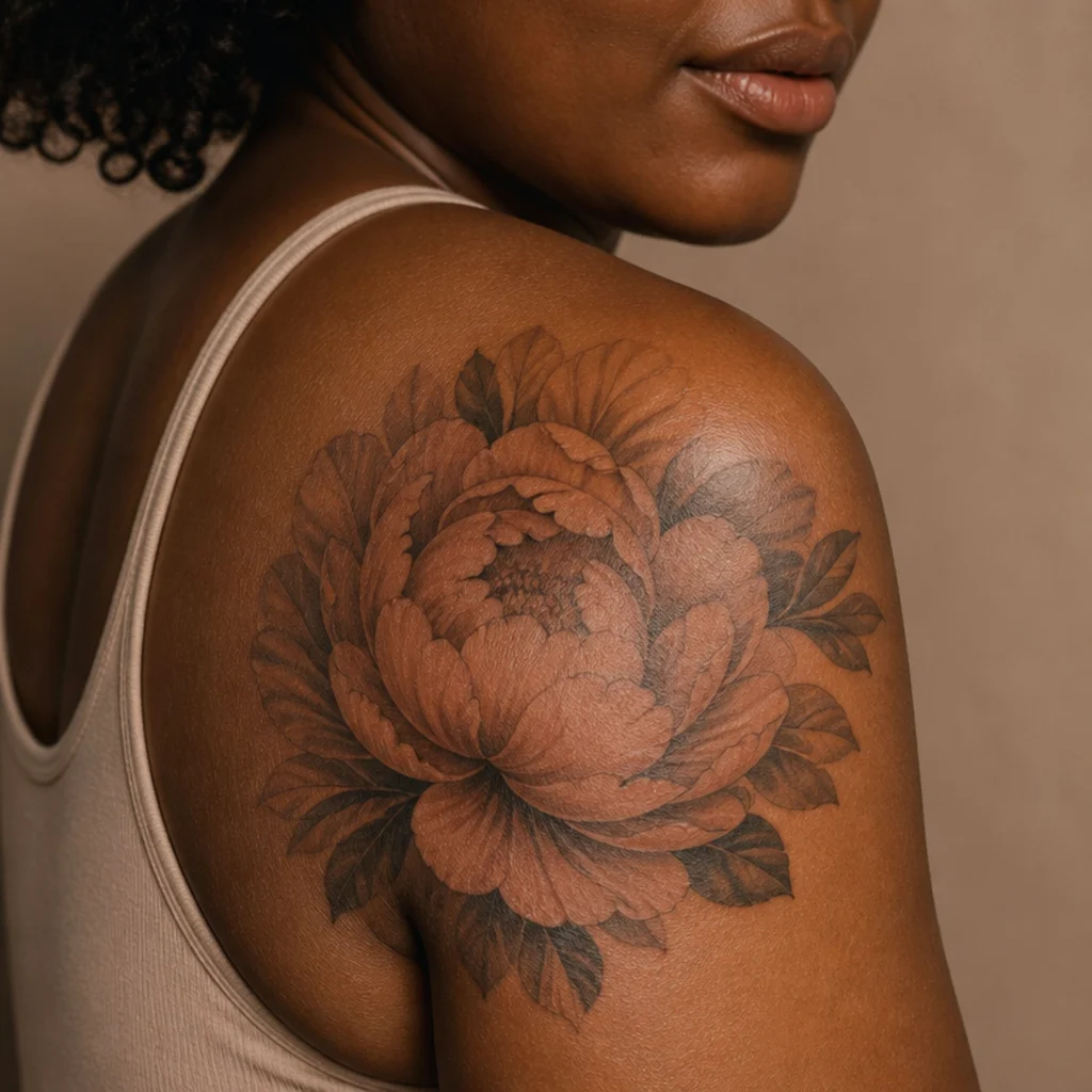 Large layered peony tattoo on a woman's shoulder in soft coral and grey with deep shading