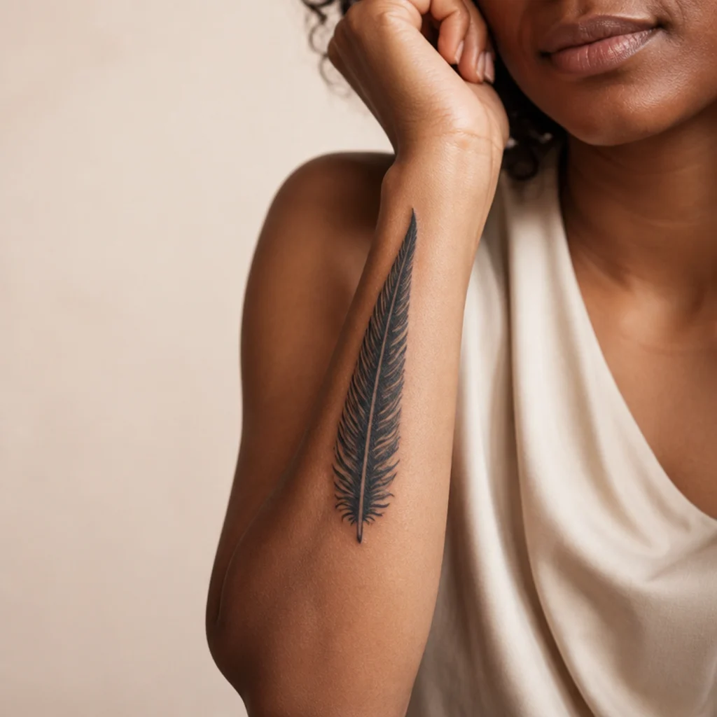 Solid blackwork feather tattoo down a woman's forearm with crisp negative-space detailing