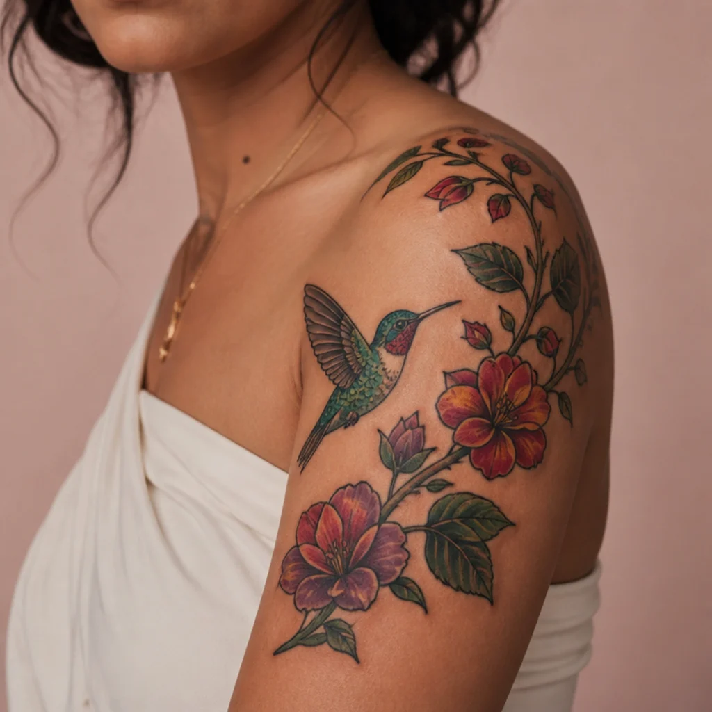 Neo-traditional hummingbird and flowering vine tattoo on a woman's upper arm in jewel tones