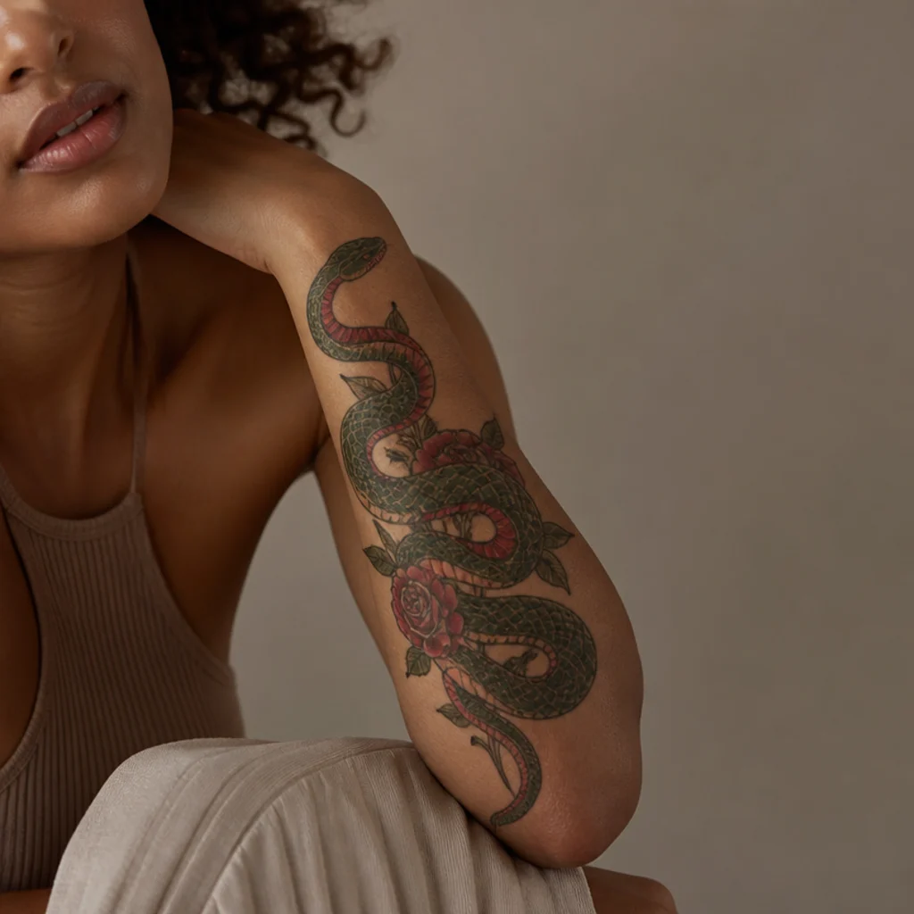 Neo-traditional coiled snake tattoo on a woman's forearm in deep green with bold black outlines