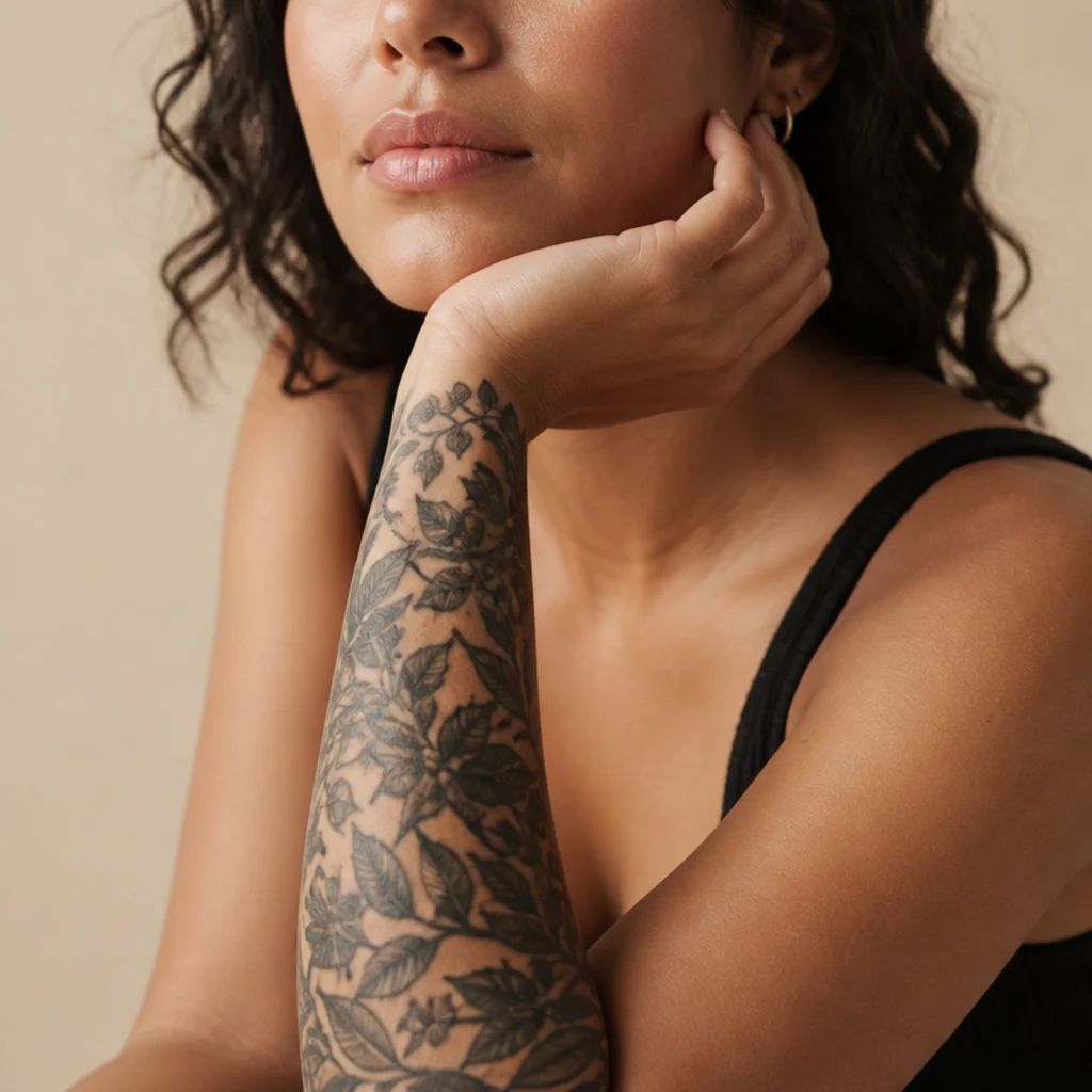 Dense dark botanical forearm tattoo with black leaves and berries wrapping a woman's arm