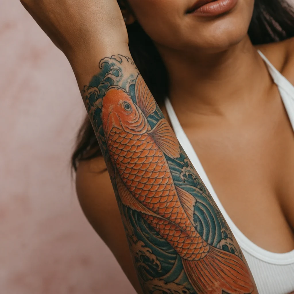 Saturated orange koi fish tattoo wrapping a woman's forearm with blue water and black outlines