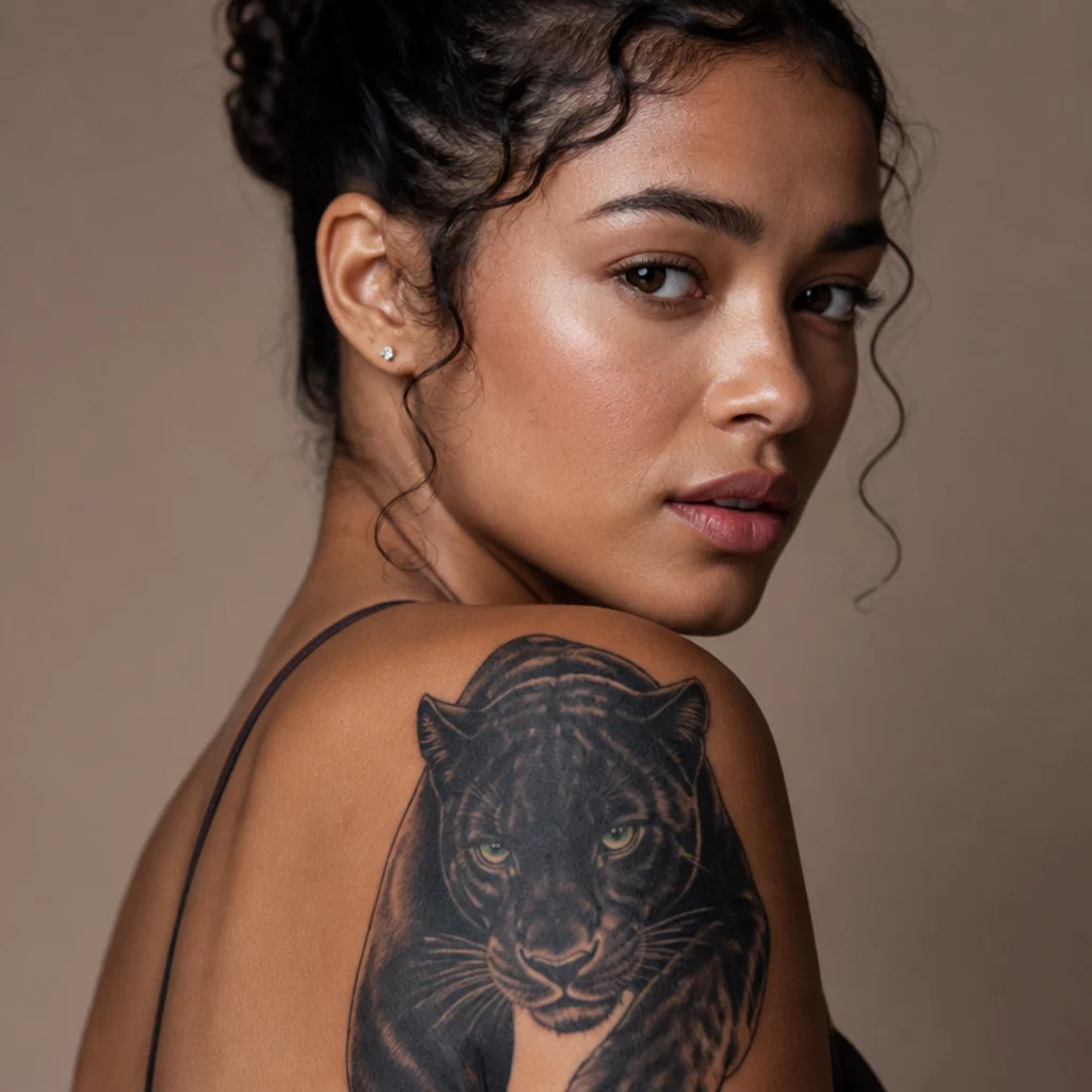 Bold black panther head tattoo on a woman's shoulder in solid black and grey with green eyes