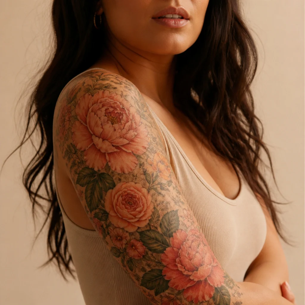 Full floral half-sleeve tattoo on a woman's arm blending peonies and roses in coral and green