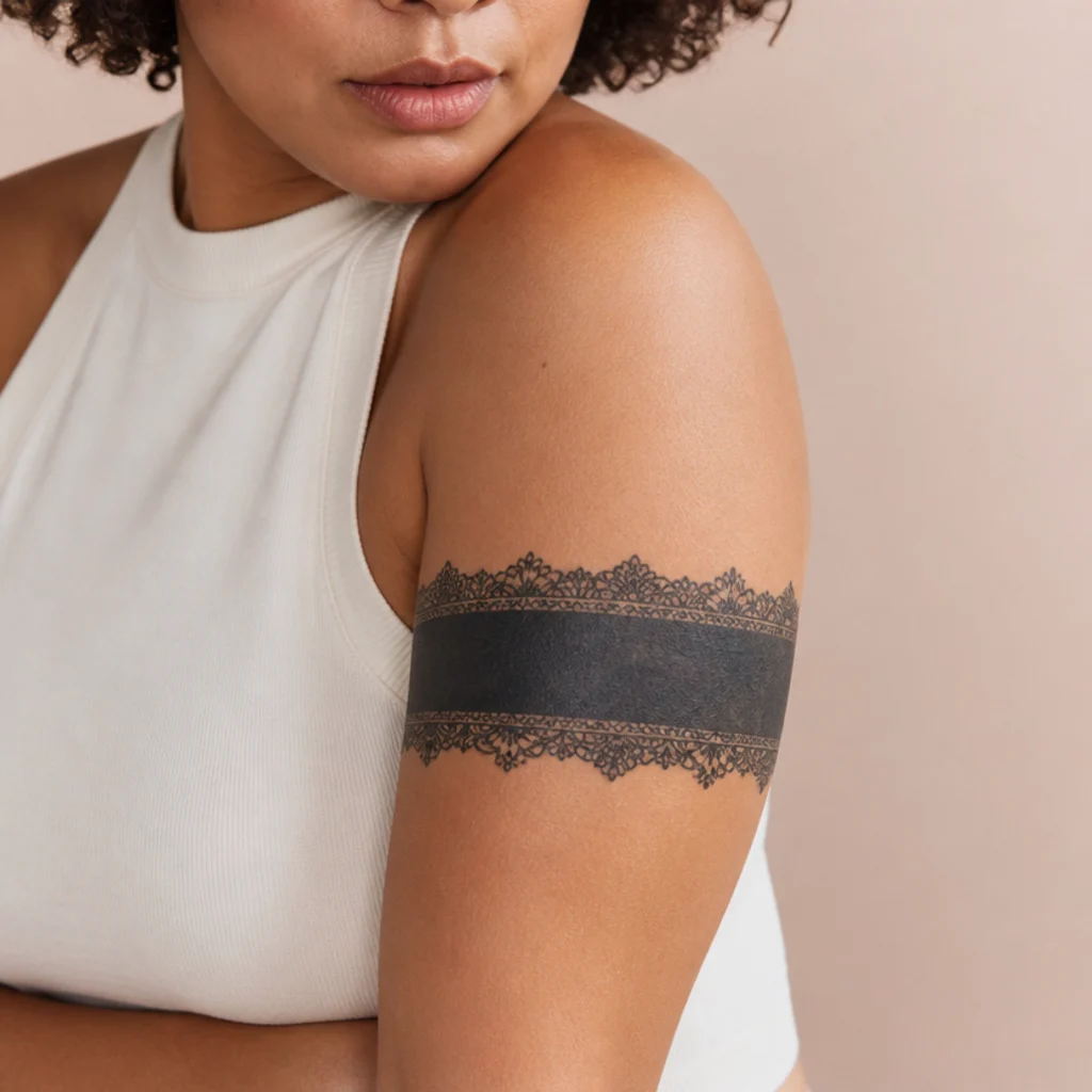 Ornate blackout band tattoo around a woman's upper arm with a solid black cuff and lace edge