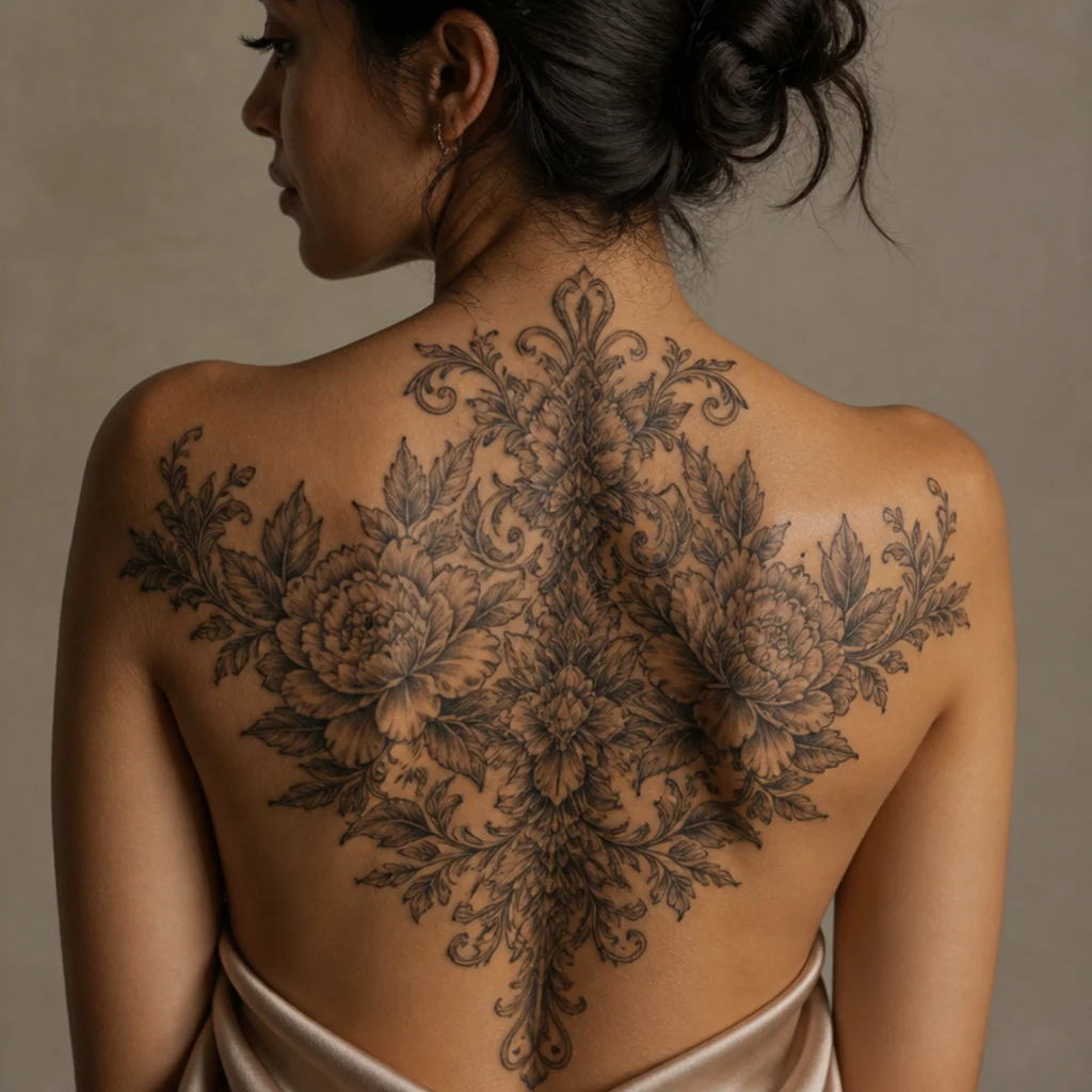 Large ornamental floral back piece tattoo on a woman spanning both shoulder blades in black and grey