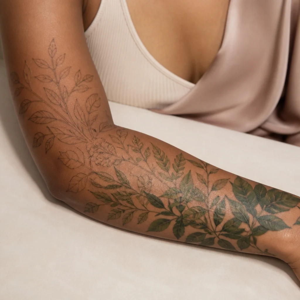 Woman's forearm shown as a soft-to-bold illustrative cover-up progression with clean botanical linework