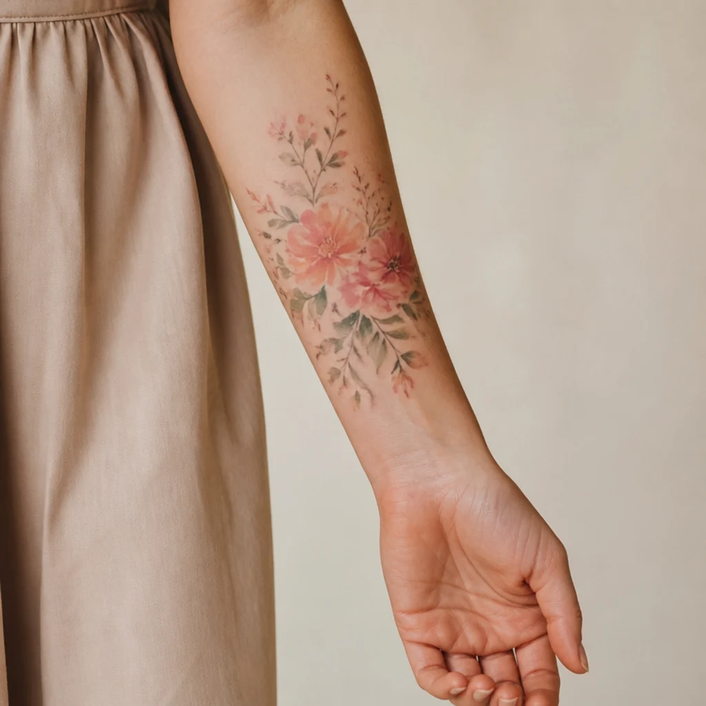 Loose watercolor floral bouquet cover up tattoo on a woman's inner forearm in blush, coral and sage with soft color bleeds and a faint line-work skeleton
