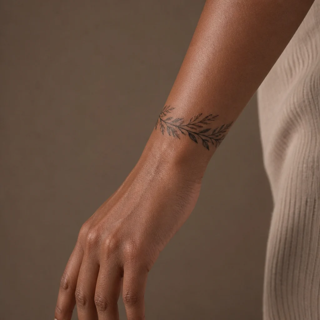 Delicate botanical vine cover up tattoo wrapping a woman's wrist with fine eucalyptus and olive leaves and small buds in muted green with denser leaves over the old ink