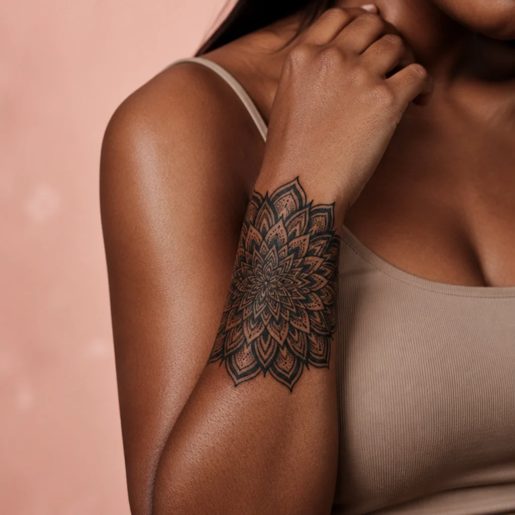 Symmetrical blackwork mandala cover up tattoo on a woman's forearm with dense dotwork petals and solid black geometry radiating from a central point