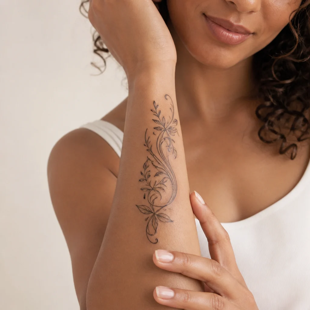 Flowing new script and floral flourish cover up tattoo on a woman's inner forearm concealing an older name in dark grey block lettering