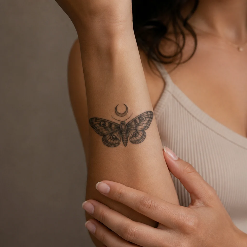 Detailed luna moth cover up tattoo with crescent moon on a woman's forearm in black and grey with soft graduated wing shading