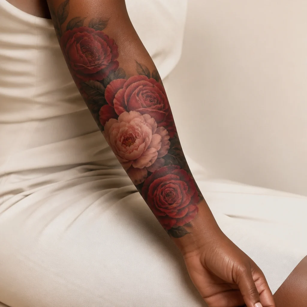 Cluster of realistic roses and peonies cover up tattoo on a woman's forearm in deep reds and soft pinks with dark leaf shadows filling the gaps