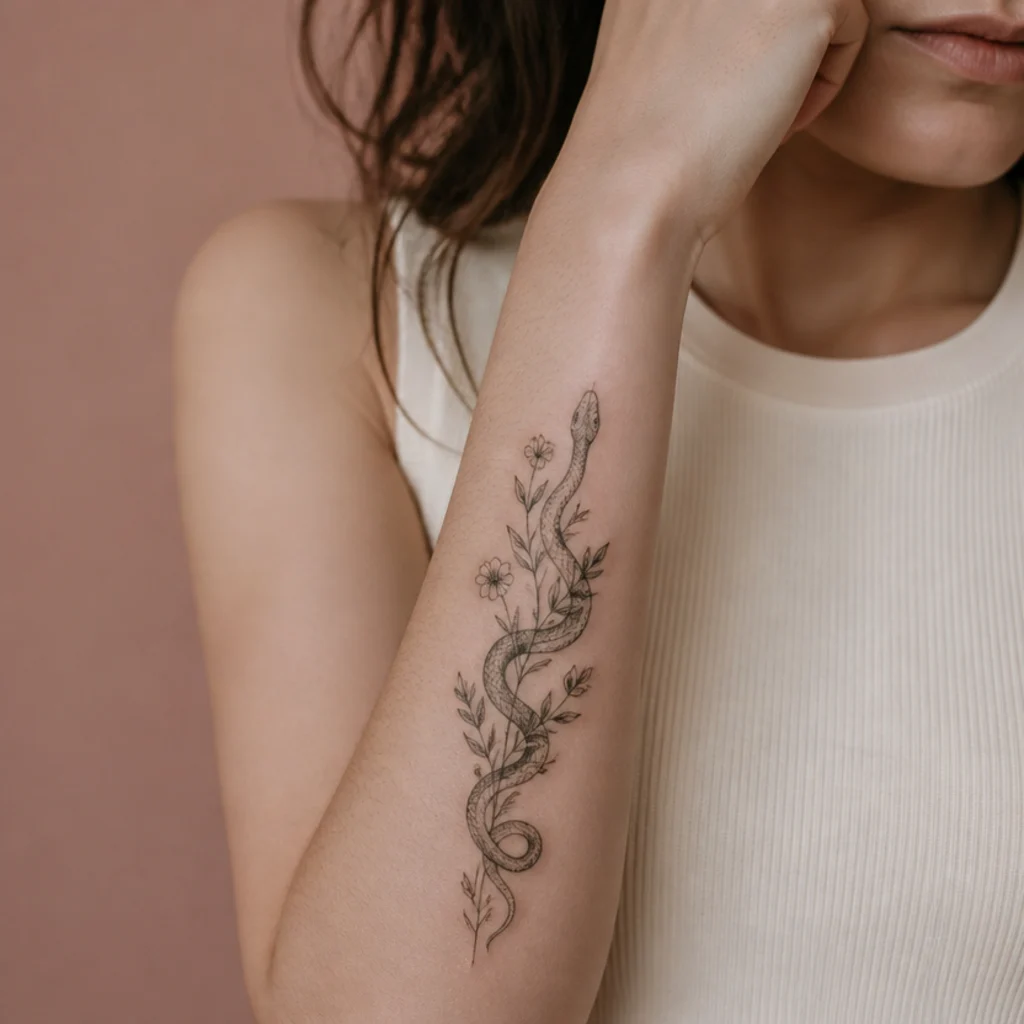 Fine line snake winding through slender floral stems as a cover up tattoo on a woman's outer forearm in soft black with delicate shading