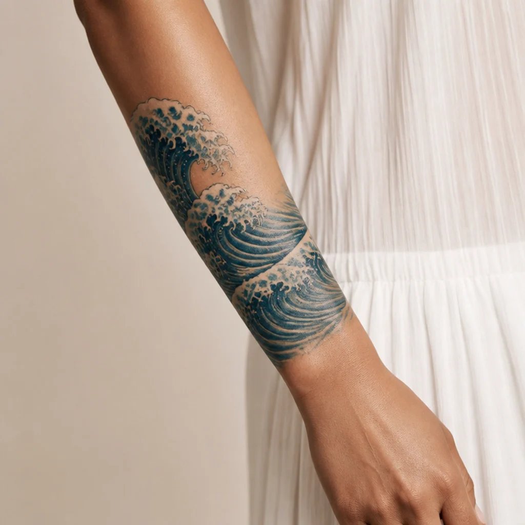 Stylized ocean wave cover up tattoo in teal and indigo watercolor wrapping a woman's forearm with white foam highlights and darker wave troughs over the old ink