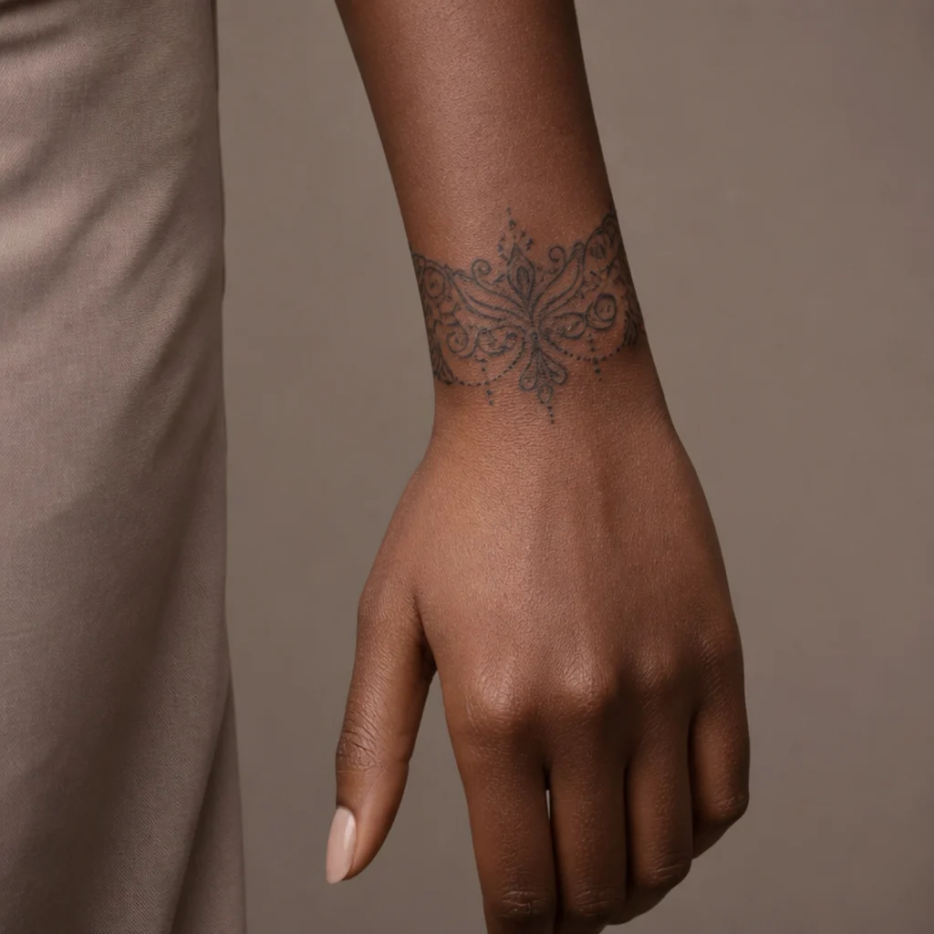 Delicate ornamental lace cuff cover up tattoo circling a woman's wrist in black filigree with small pearl-like dot accents