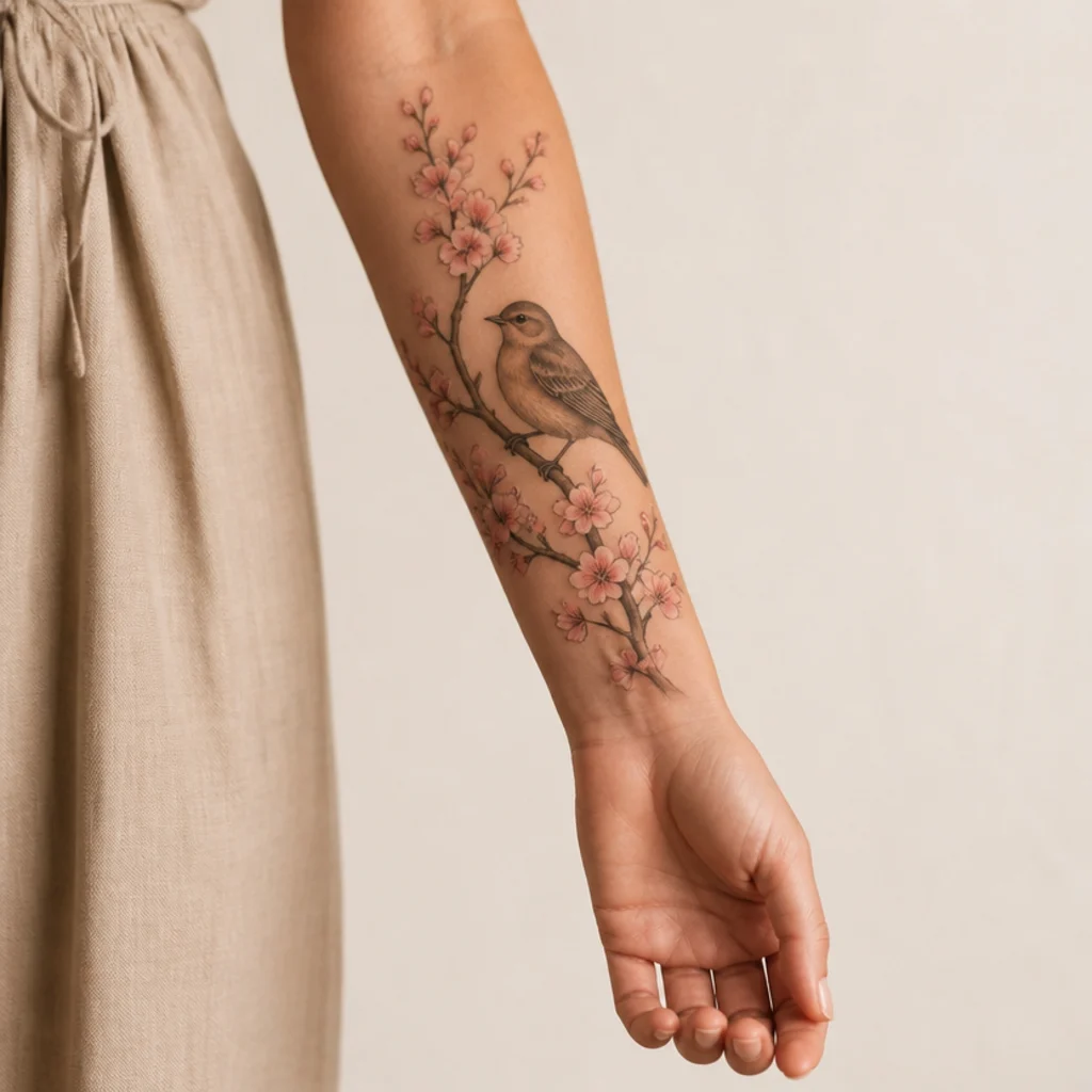 Songbird perched on a blossoming branch as a cover up tattoo on a woman's forearm in warm browns with soft pink blossoms and a shaded body over the old ink