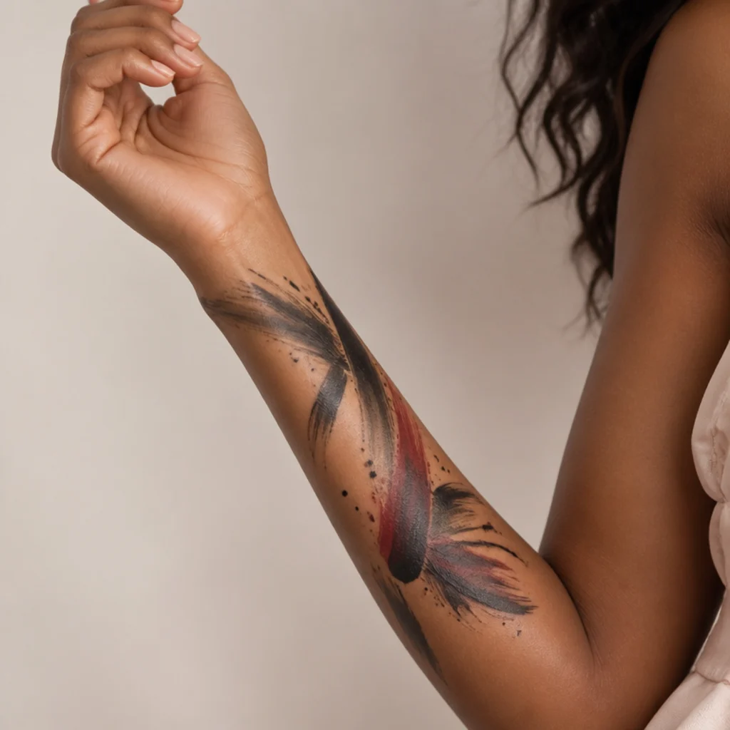 Abstract brushstroke cover up tattoo on a woman's forearm with sweeping black and burgundy strokes, splatter accents and placed dark mass over the old ink
