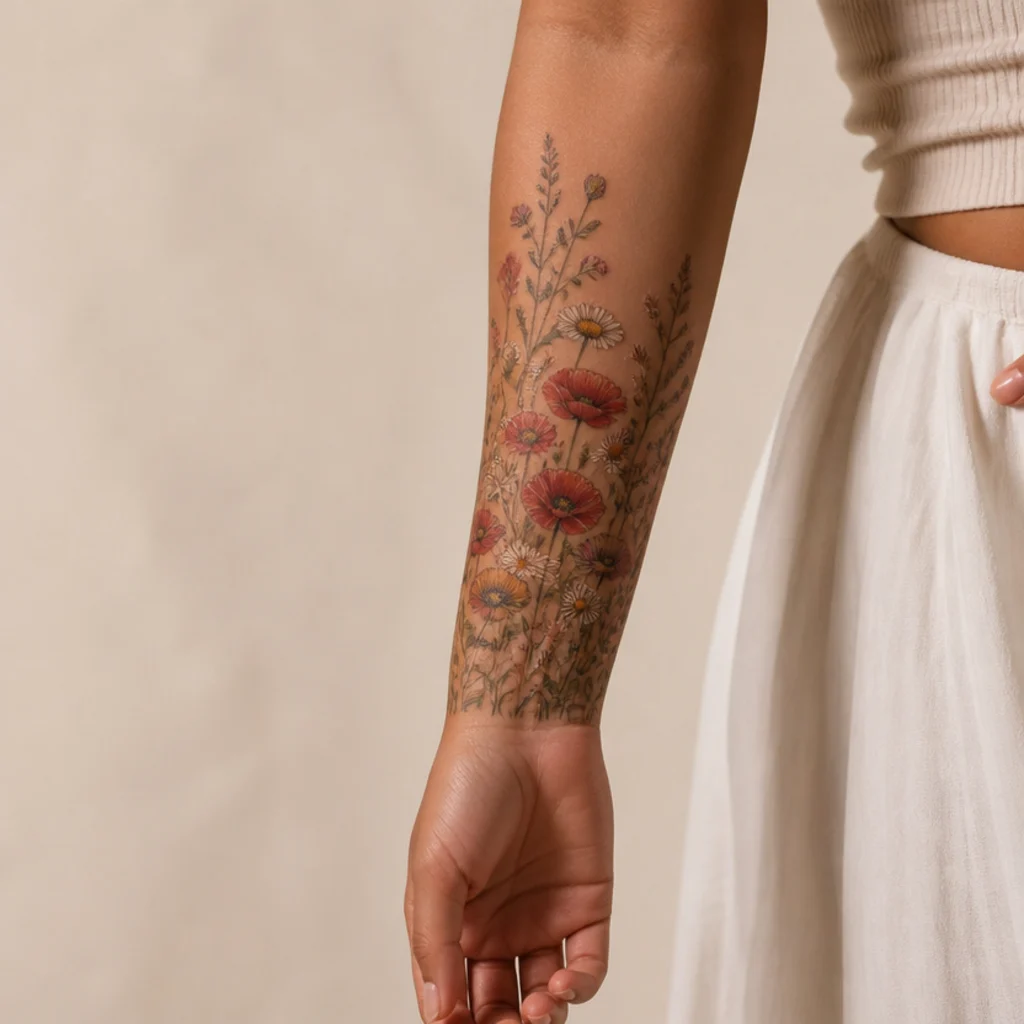 Vertical wildflower field cover up tattoo running up a woman's forearm with poppies, daisies and grasses in muted color and denser blooms low over the old ink