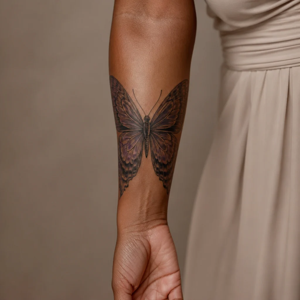 Large dark butterfly cover up tattoo on a woman's forearm with heavily shaded charcoal wings and hints of deep violet fanning out from the old ink