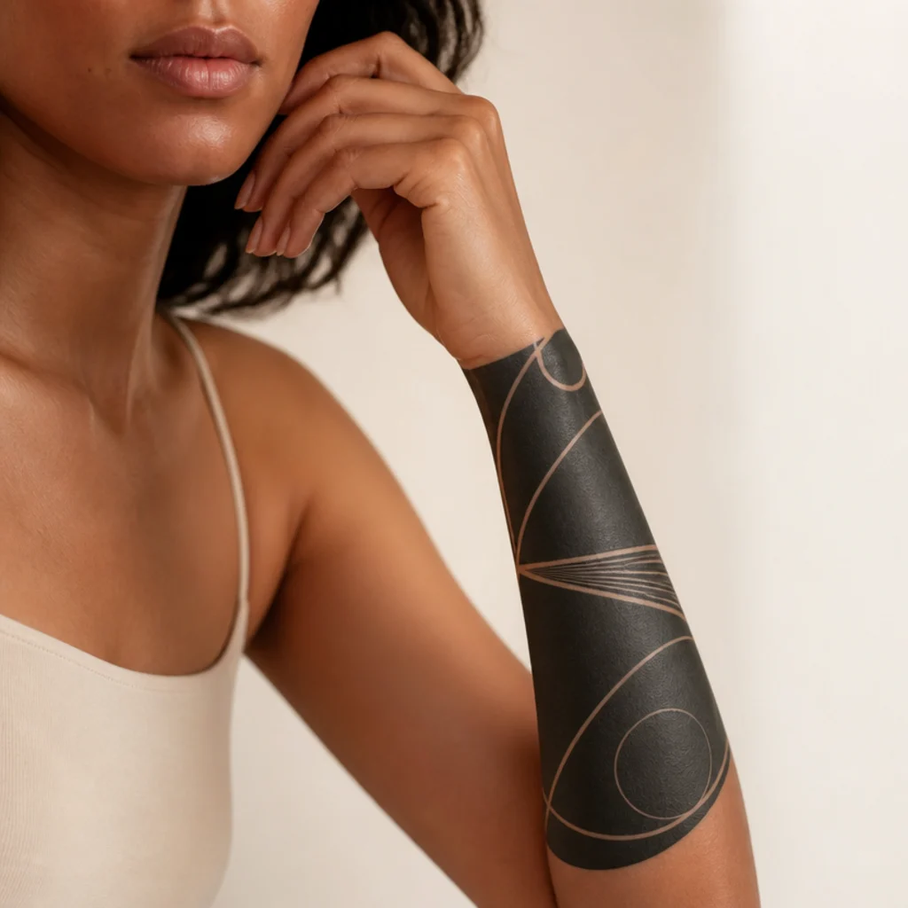 Partial blackout cover up tattoo on a woman's forearm with a solid black band softened by fine white geometric line accents over the old ink