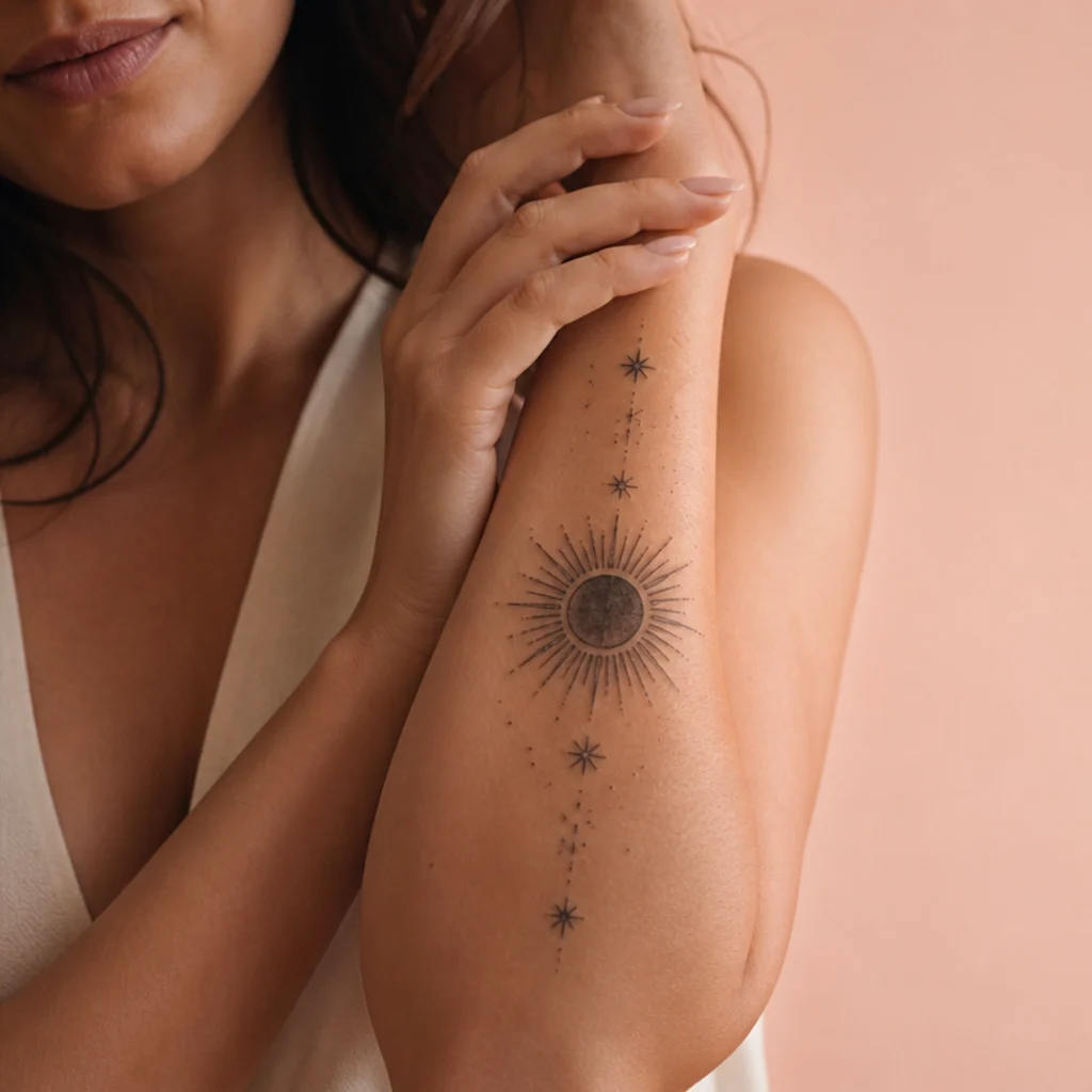 Celestial cover up tattoo on a woman's forearm featuring a radiant sun, scattered stars and fine dotwork rays in black and grey over the old ink