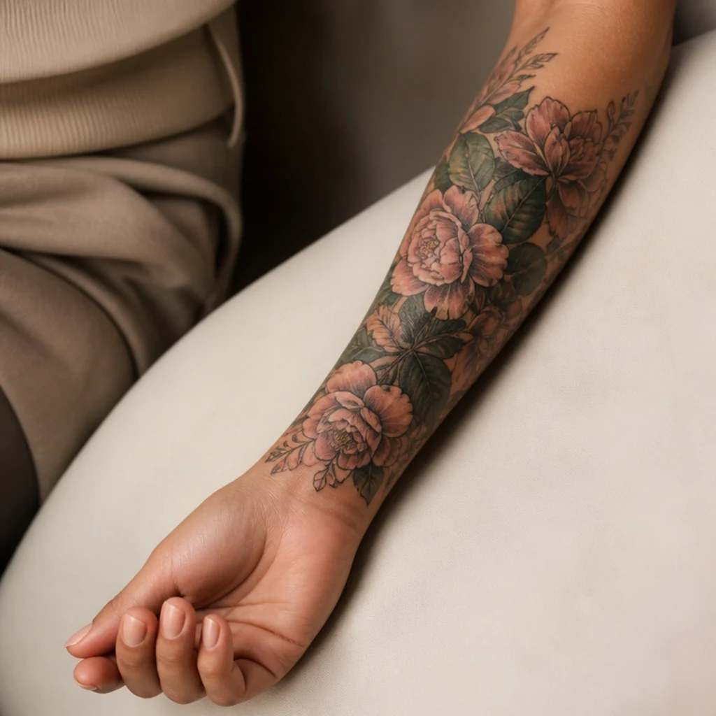Woman's forearm with a healed floral cover up tattoo in deep botanical greens and blush petals, photographed against a warm ivory studio backdrop