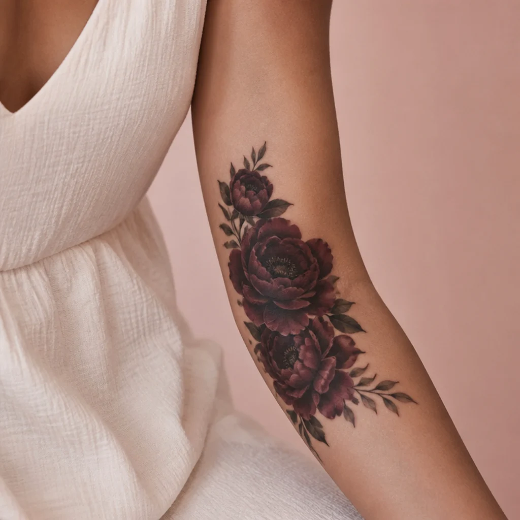Cluster of deep burgundy and plum peonies with heavy black shading covering the inner forearm on medium skin
