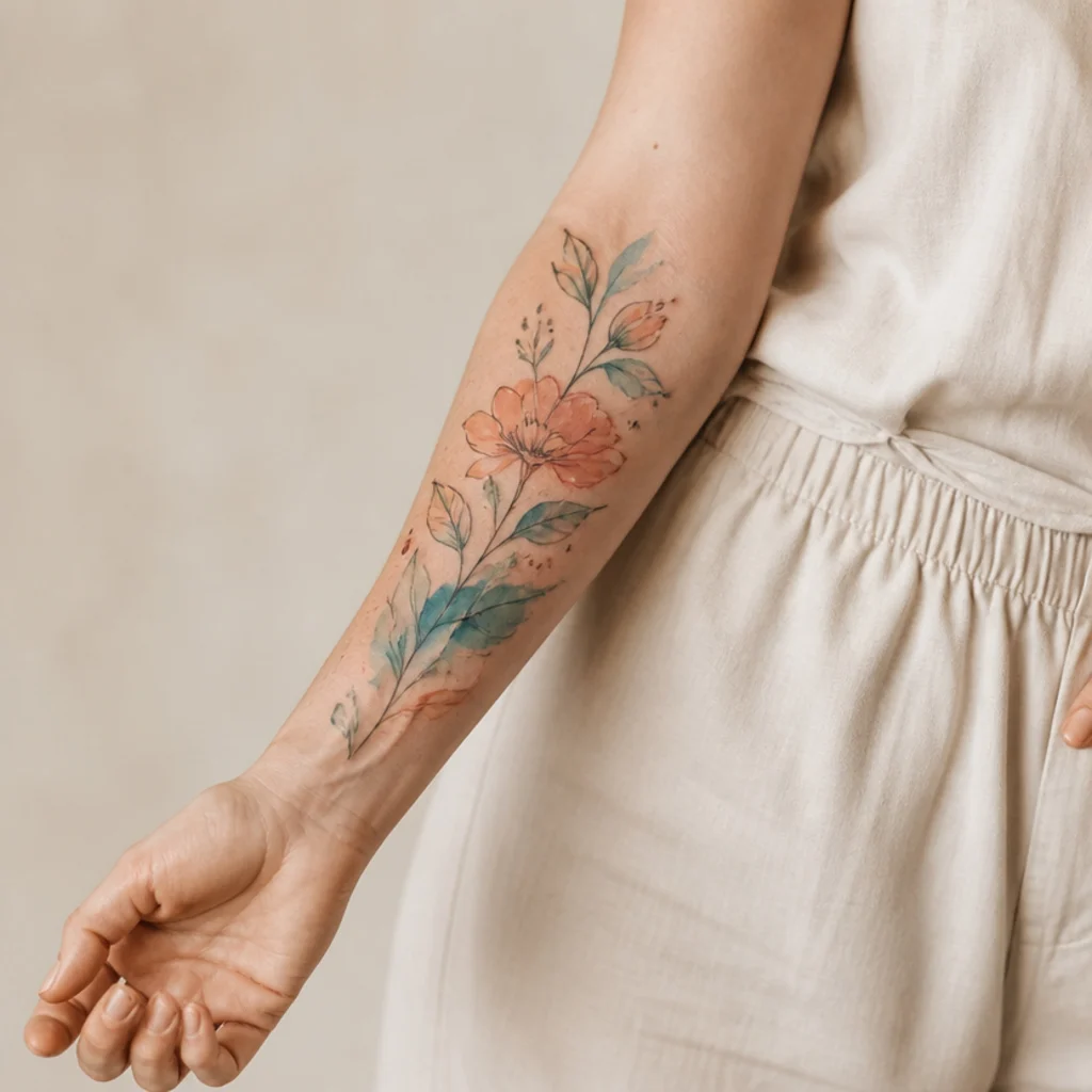 Soft watercolor-style forearm tattoo in teal and coral with dark botanical line anchors on fair skin