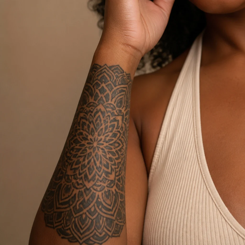 Symmetrical black mandala panel filling the outer forearm with fine geometric linework on deep skin