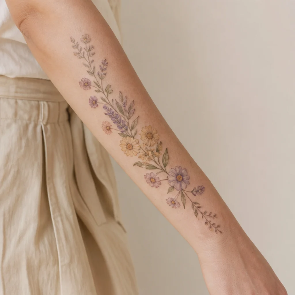 Delicate wildflower vine trailing along the inner forearm in muted sage and dusty lavender on fair skin