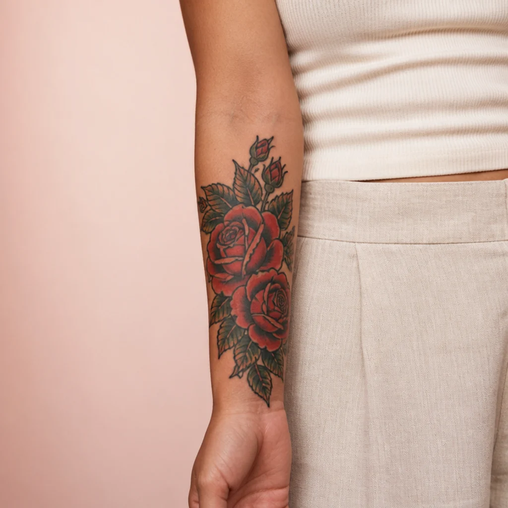 Neo-traditional rose in red and green with bold black outlines wrapping the forearm on medium skin