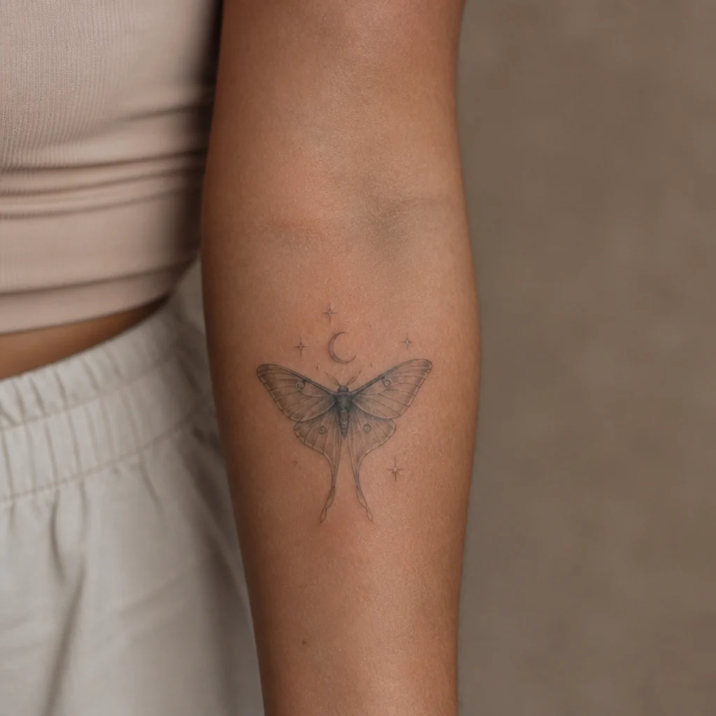 Detailed luna moth paired with a crescent moon in soft grey wash across the inner forearm on olive skin