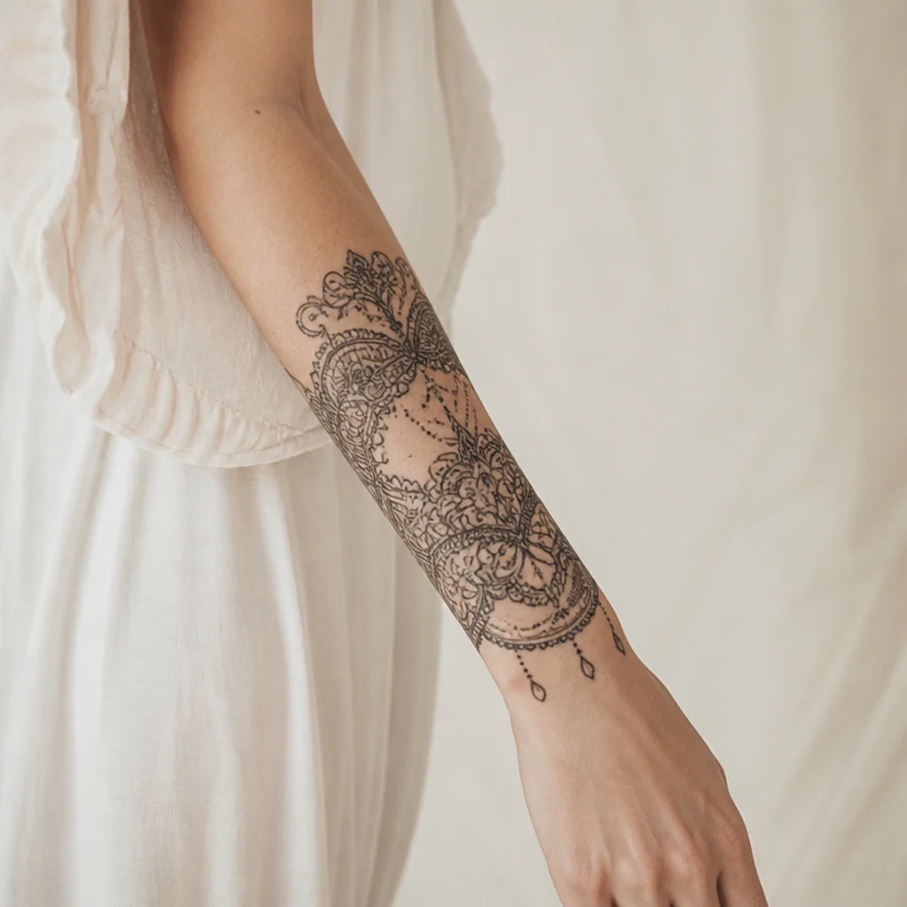 Ornamental black lace and filigree cuff wrapping the lower forearm like jewelry on fair skin
